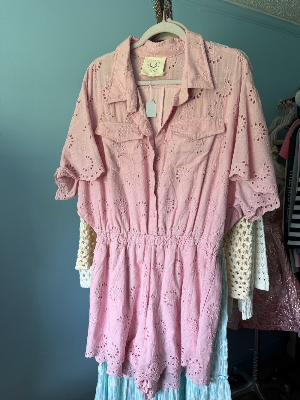 Fantastic Fawn Pink Eyelet Romper Dress - coquette festival Cottagecore Large